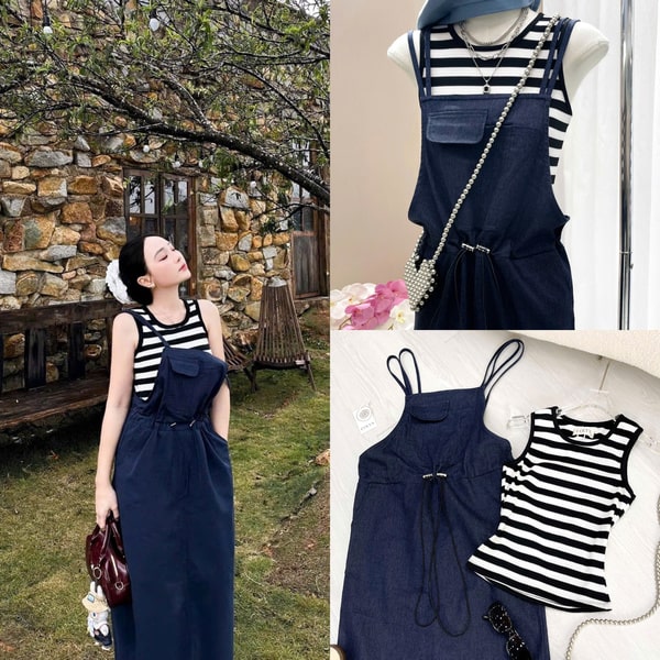 Set yếm dài Colyn phối áo thun sọc mang lại sự thoải mái