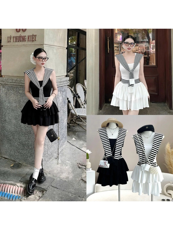 Chiếc đầm trắng đen sát nách chân tầng xòe kèm khăn choàng Colin là lựa chọn lý tưởng cho các buổi tiệc