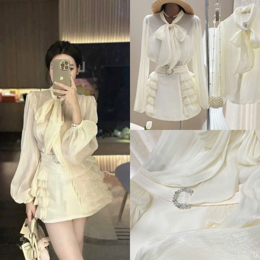 Set áo tơ thắt nơ Colin mang lại vẻ đẹp nhẹ nhàng và thanh lịch