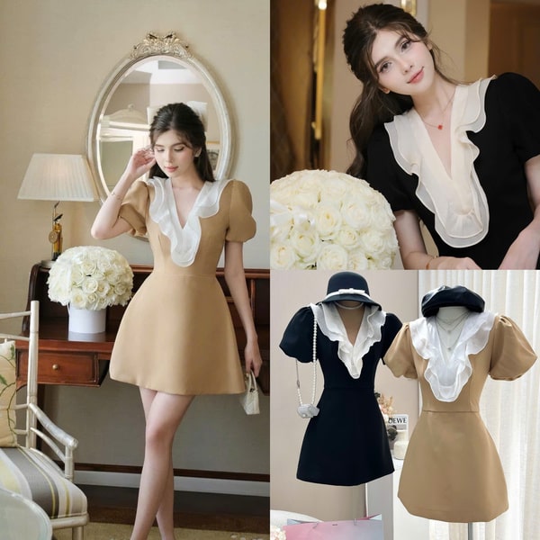 Đầm cổ bèo phối Colyn 2 màu vàng đen là lựa chọn lý tưởng