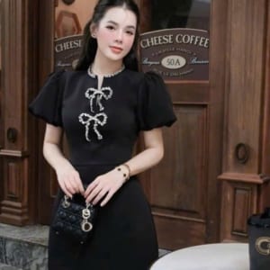 Đầm chữ A Colyn mix nơ đá cổ