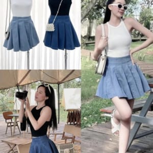 Set Áo 3 Lỗ Mix Chân Váy Jean Xếp Li 2 Màu Colin