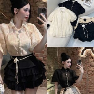 Set Áo Gấm Hoa 2 Màu Kèm Chân Váy Xếp Li Tầng Có Belt Colin