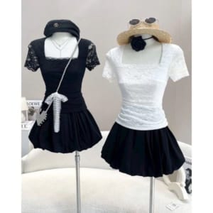 Set Áo Ren Chân Váy Bí Tùng Xòe Tiểu Thư Trắng Đen Colin