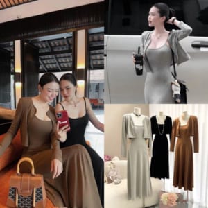 Set Đầm Maxi Dài Len Thun Cao Cấp Xám Đen Nâu Sang Trọng Colin