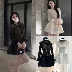 Đầm Ren Cao Cấp Tay Dài Phối Lông Cực Đẹp 2 Màu Kem Đen Colyn