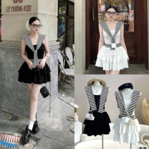 Đầm Trắng Đen Sát Nách Chân Tầng Xòe Kèm Khăn Choàng Sọc Colin