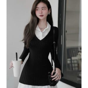 Đầm nữ body len phối cổ trắng thiết kế tay dài chân dập li viền trắng tôn dáng Colin