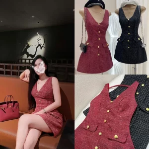 Đầm dạ cao cấp sát nách 2 màu đỏ đen Colyn