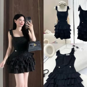 Đầm dạ đen kim tuyến phối tùng xòe tầng Colin