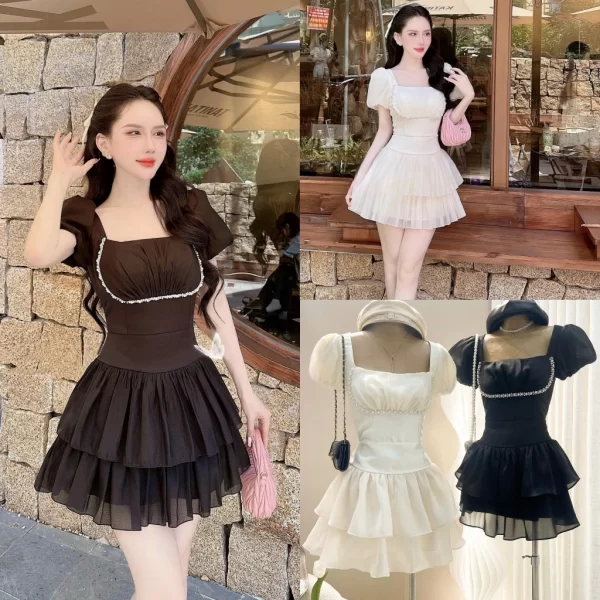 Đầm tơ đính đá ngực 2 màu đen kem Colyn
