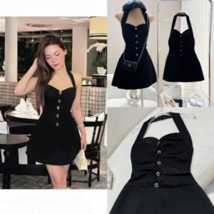 Đầm đen yếm nhún xoè đính nút cao cấp Colin