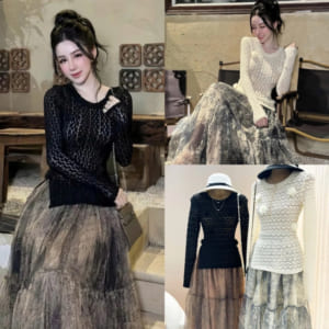 Set áo len đính hoa tay dài kèm chân váy họa tiết Colin