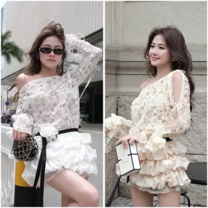 Set ren cao cấp lệch vai phối nơ tay kèm chân váy tơ xếp tầng Colin
