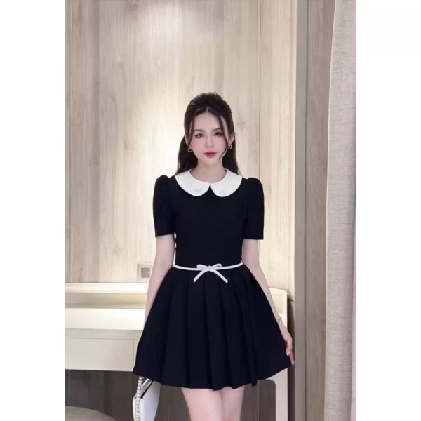 Váy Tiểu Thư Công Sở Cổ Phối Trắng Xếp Ly Tùng Xòe Kèm Nơ Colin - Ảnh 3