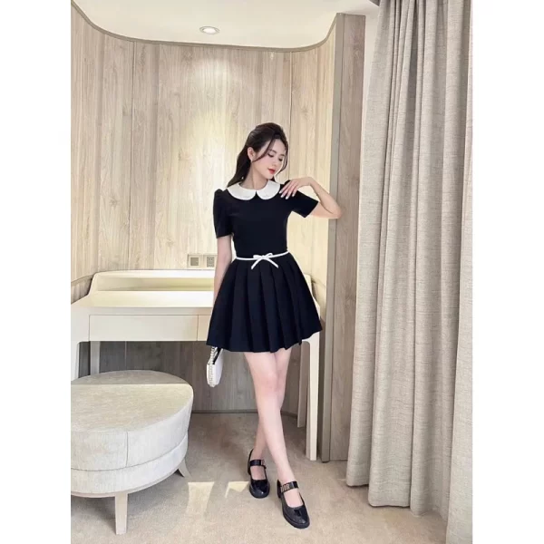 Váy Tiểu Thư Công Sở Cổ Phối Trắng Xếp Ly Tùng Xòe Kèm Nơ Colin - Ảnh 4