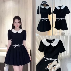 Váy Tiểu Thư Công Sở Cổ Phối Trắng Xếp Ly Tùng Xòe Kèm Nơ Colin