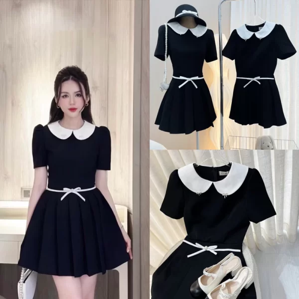 Váy Tiểu Thư Công Sở Cổ Phối Trắng Xếp Ly Tùng Xòe Kèm Nơ Colin