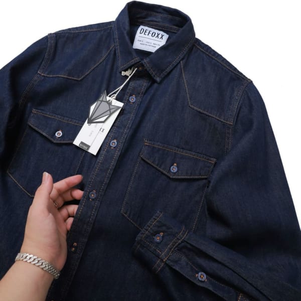 Áo sơ mi jean defoxx xanh muối tiêu - Ảnh 4